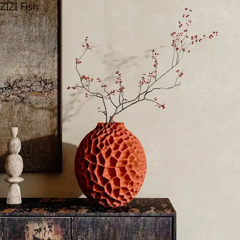 Terracotta ceramic decorbites honeycomb vase with geometric textured surface ideal for office desk decor