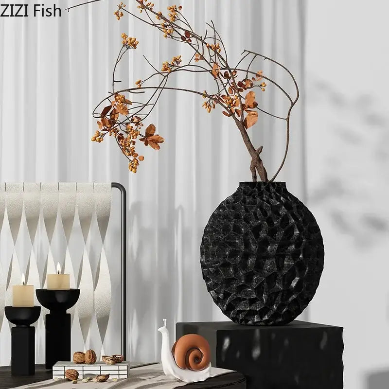 Black textured spherical ceramic decorbites honeycomb vase with geometric pattern for office desk decor