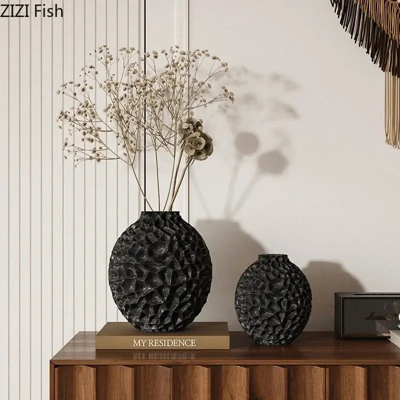 Black textured ceramic decorbites honeycomb vase with a faceted pebble surface for office desk decor