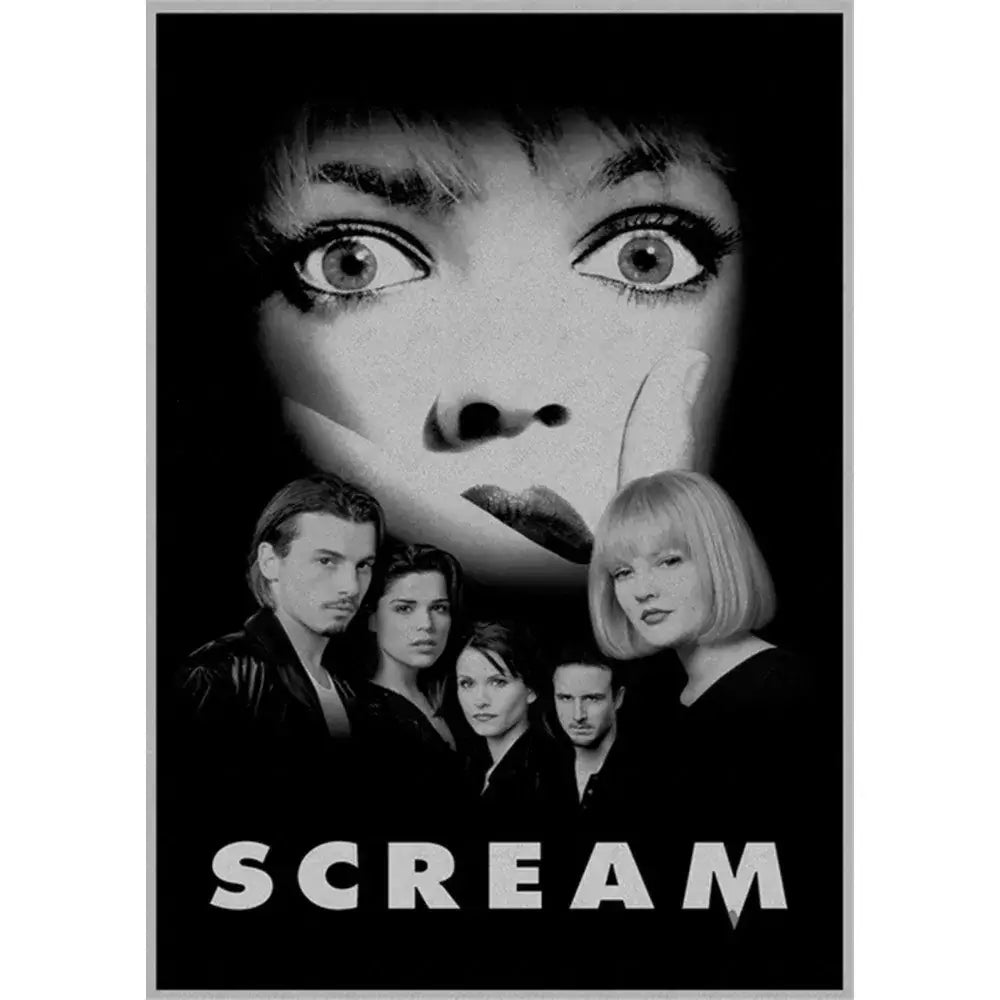 Black and white horror movie retro poster wall art featuring iconic scream movie title and characters by decorbites