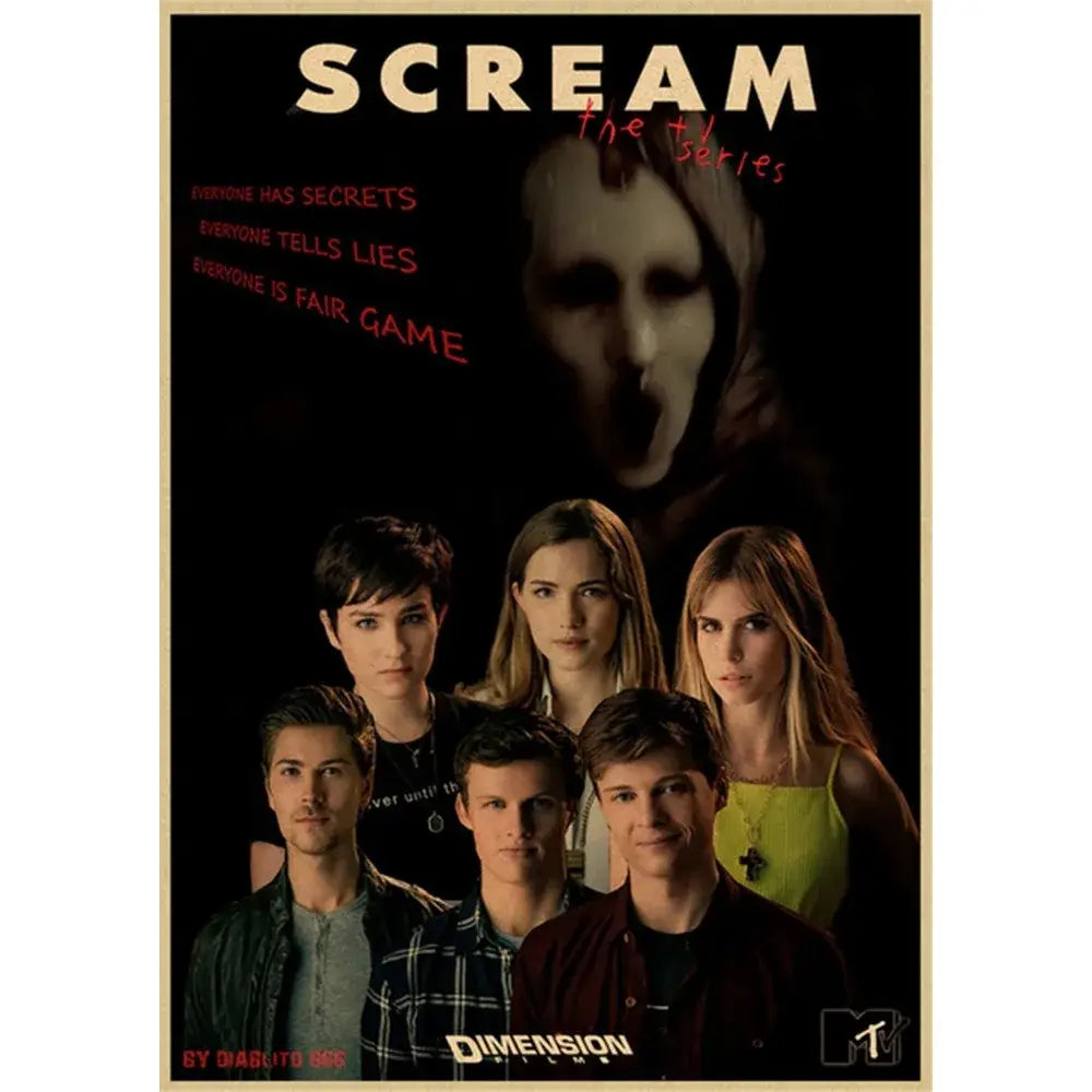 Black and beige DecorBites™ horror movie retro poster wall art featuring scream tv series with six young adults and ghostly figure