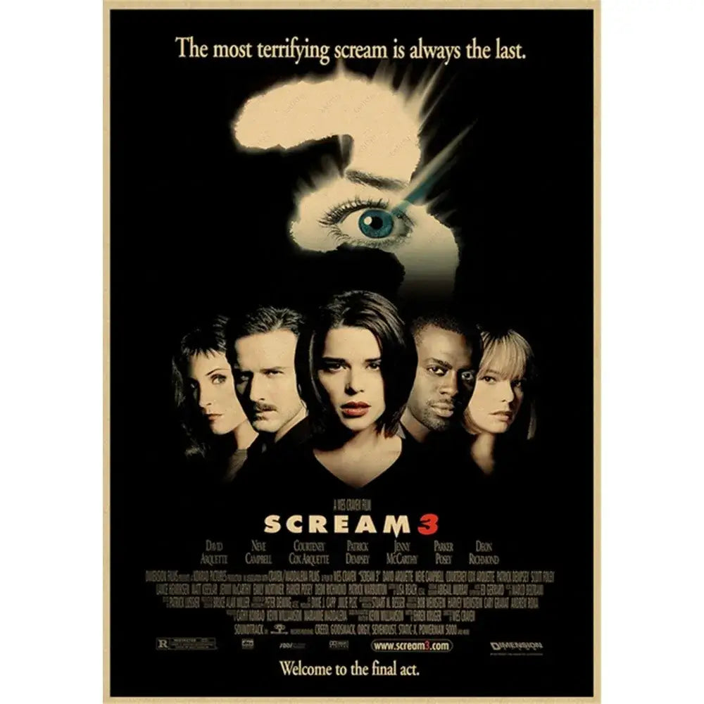 Black decorbites™ horror movie retro poster wall art with stylized eye, gold trim, and white text for scream 3