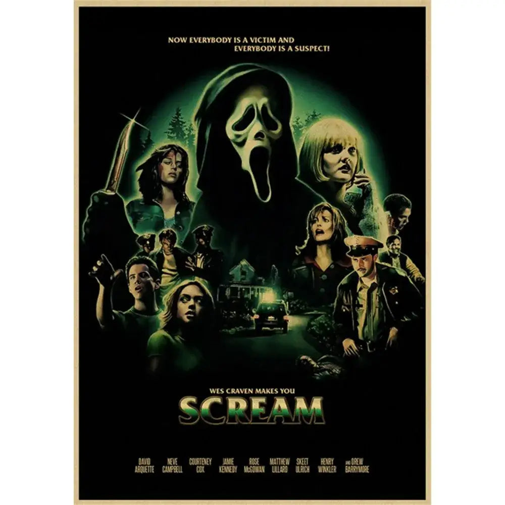 Green and black DecorBites™ horror movie retro poster wall art featuring the iconic scream ghostface mask
