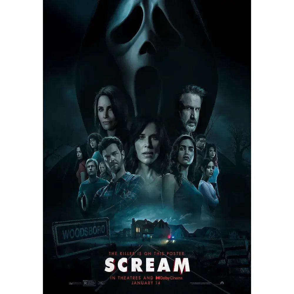Decorbites™ horror movie retro poster wall art featuring the iconic white ghost face mask from scream