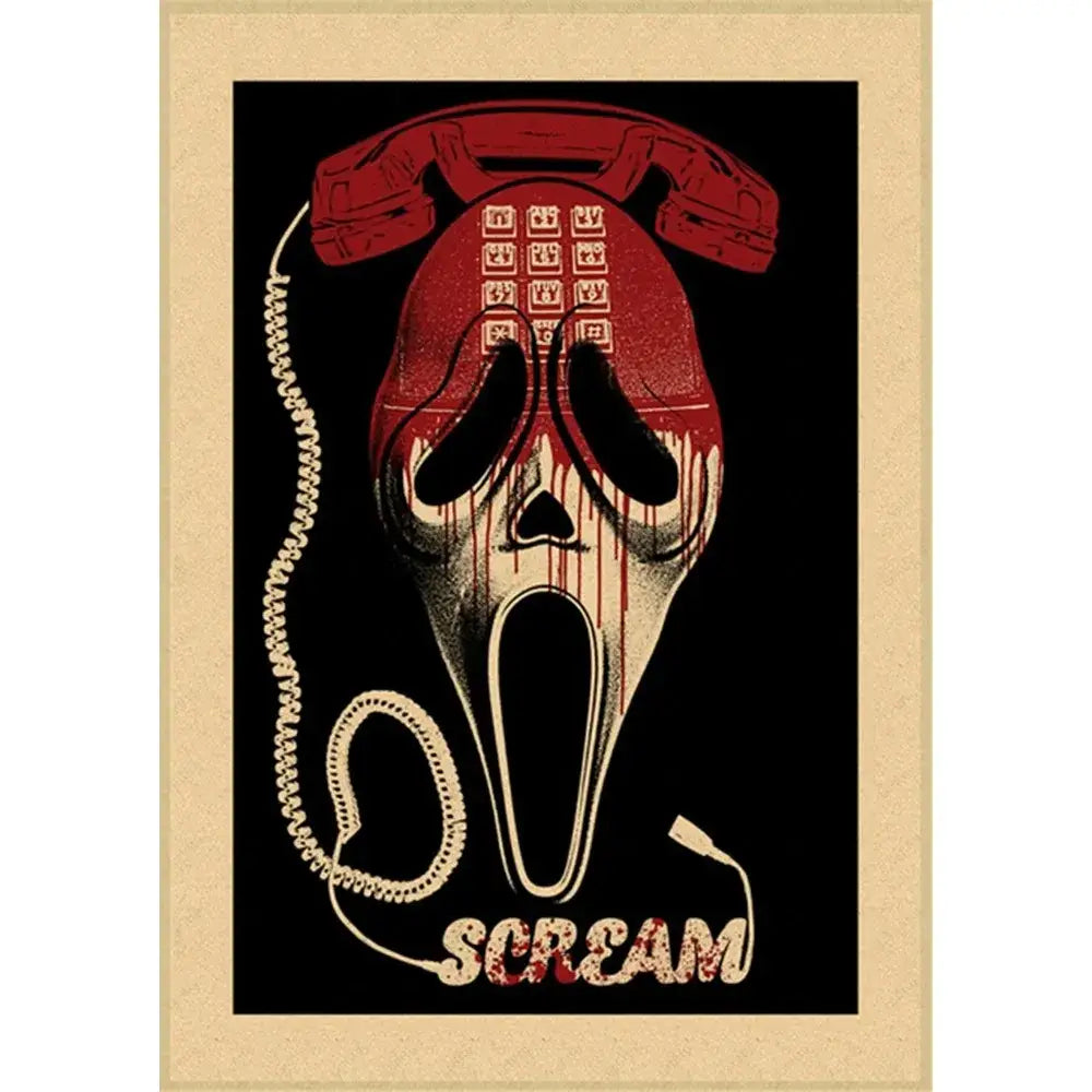 Decorbites™ horror movie retro poster wall art featuring red and cream stylized scream mask with rotary phone design
