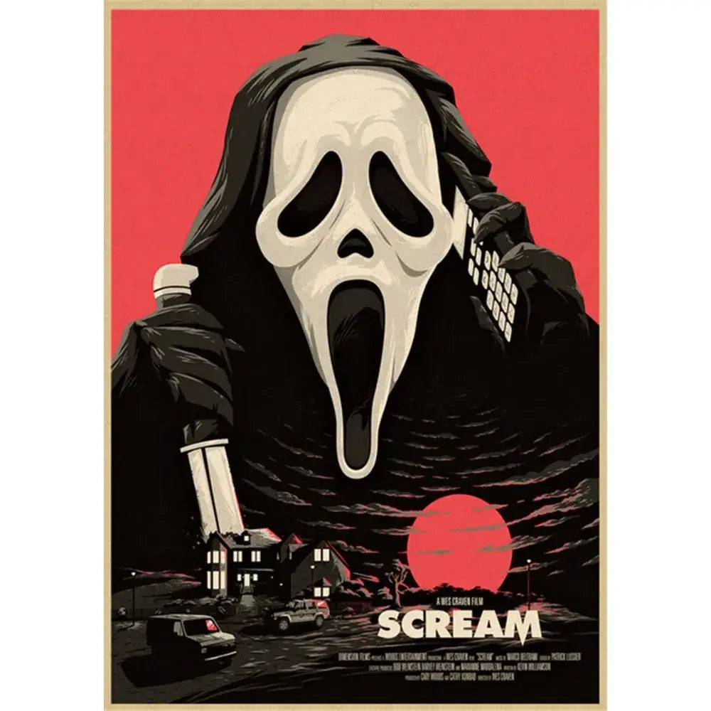 DecorBites™ horror movie retro poster wall art featuring a stylized white ghostface mask on a bold red background