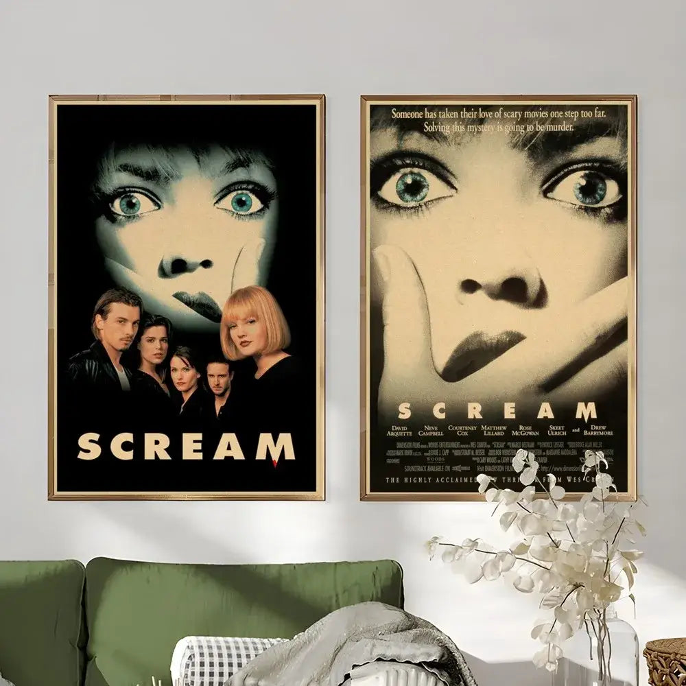 Two framed DecorBites™ horror movie retro poster wall art featuring black and white and sepia-toned scream designs