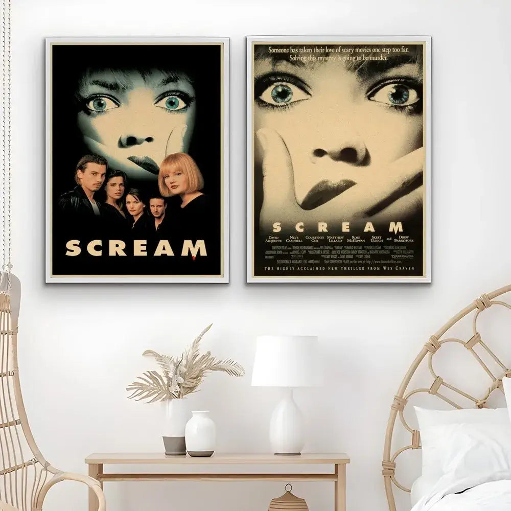Decorbites™ horror movie retro poster wall art featuring two framed scream posters in black and white and sepia tones