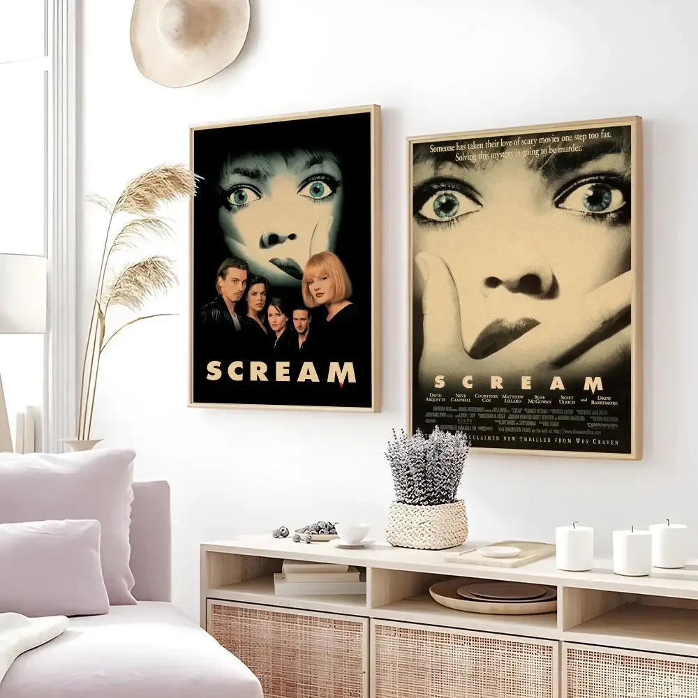 Two framed scream horror movie retro poster wall art featuring black gold and sepia tones for decorbites™ collection
