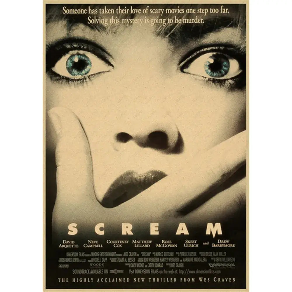 Decorbites™ horror movie retro poster wall art featuring a vintage-style sepia portrait with blue eyes and dark lipstick