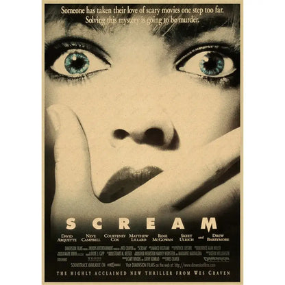 Decorbites™ horror movie retro poster wall art featuring a vintage-style sepia portrait with blue eyes and dark lipstick