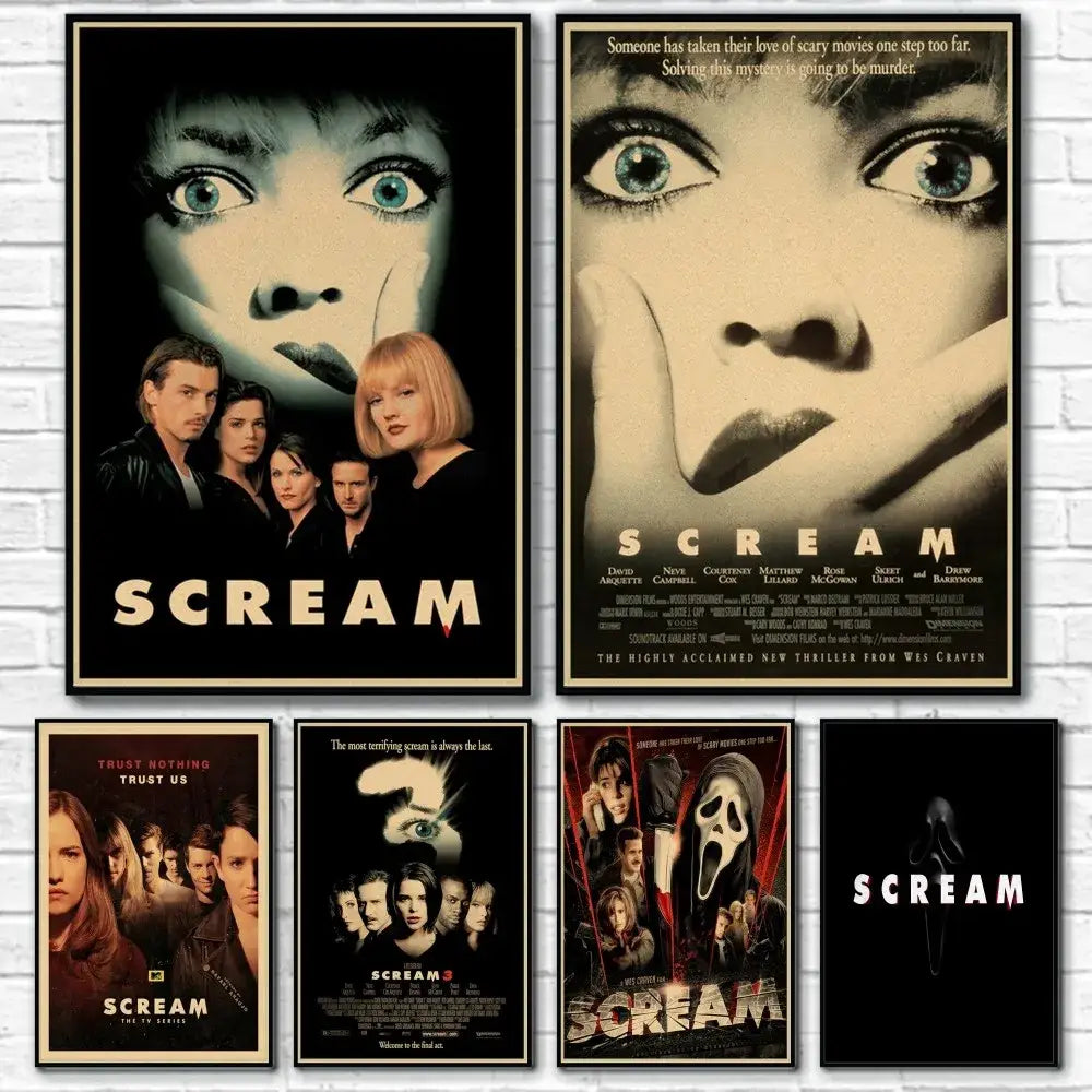 Vintage-style decorbites™ horror movie retro poster wall art featuring black-and-white scream movie franchise close-ups