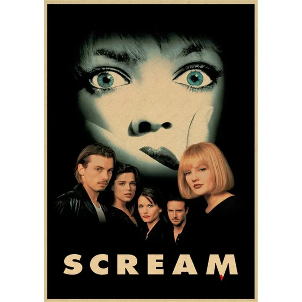 DecorBites™ vintage-style wall art retro poster featuring scream horror movie cover with pale face and five characters