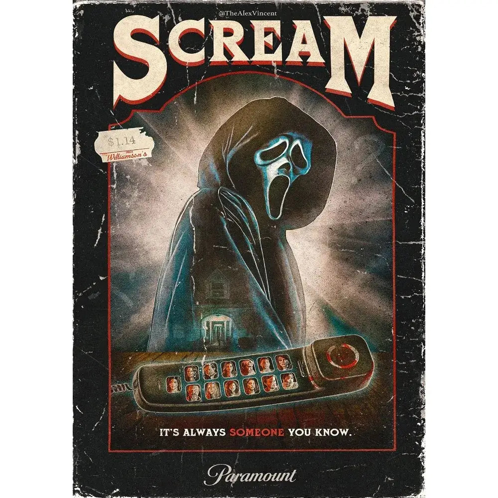 Vintage-style scream horror movie retro poster wall art featuring blue ghostface mask and flip phone keypad portraits