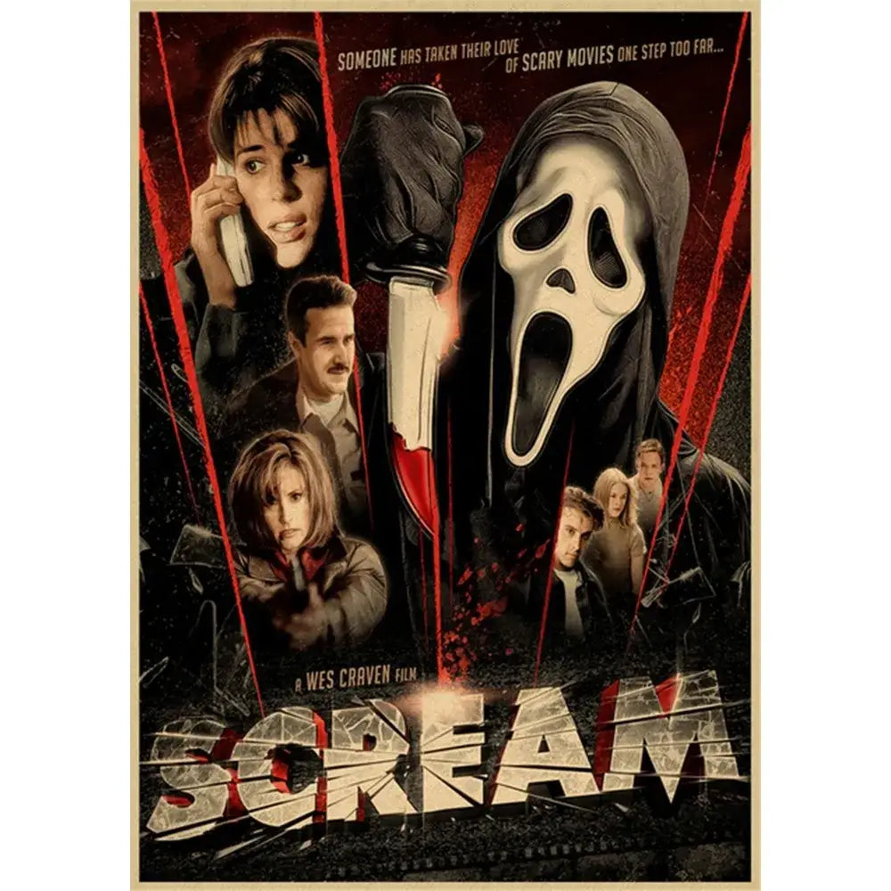 DecorBites™ horror movie retro poster wall art featuring a black and white scream mask with red accents and film characters
