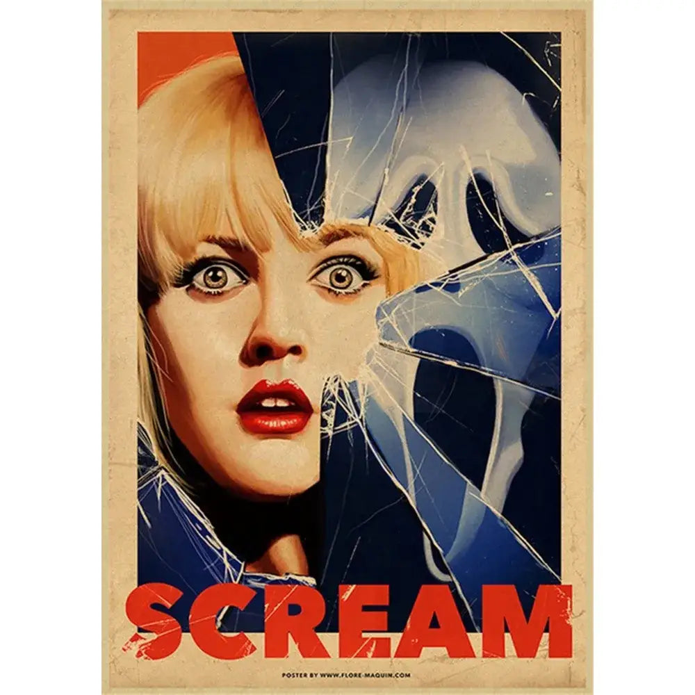 Decorbites™ horror movie retro poster wall art featuring split-face vintage design with blonde woman and ghostly figure