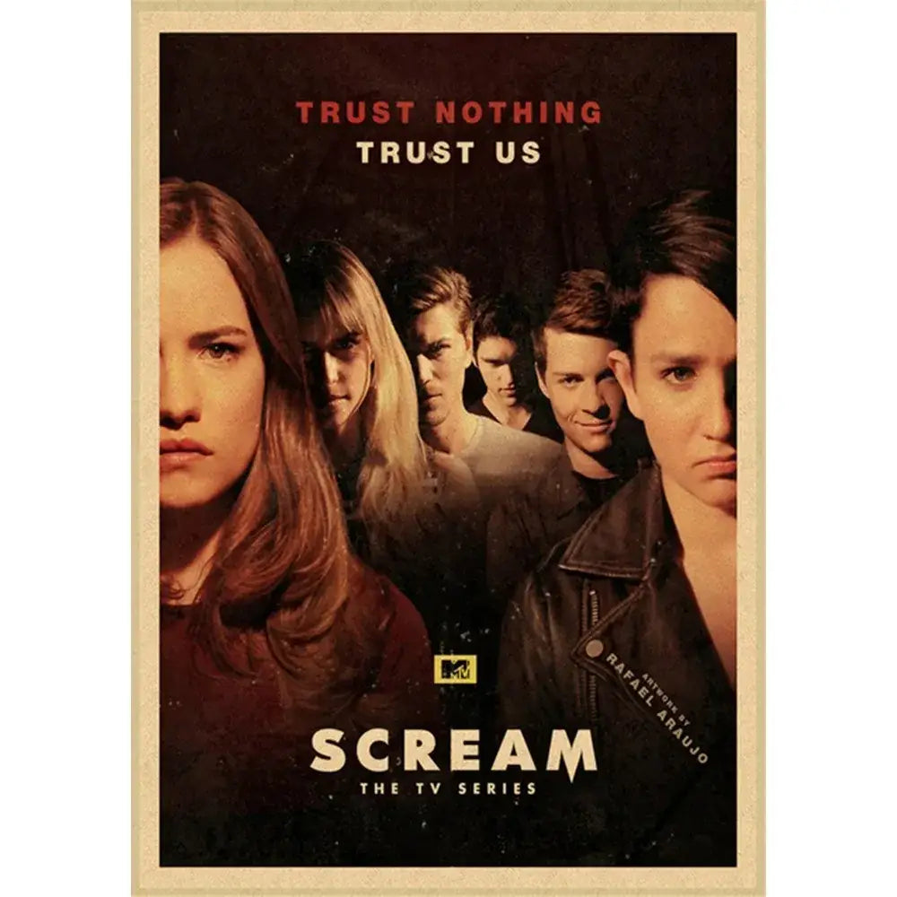 Vintage-style horror movie retro poster wall art featuring dramatic scream series characters on a dark background