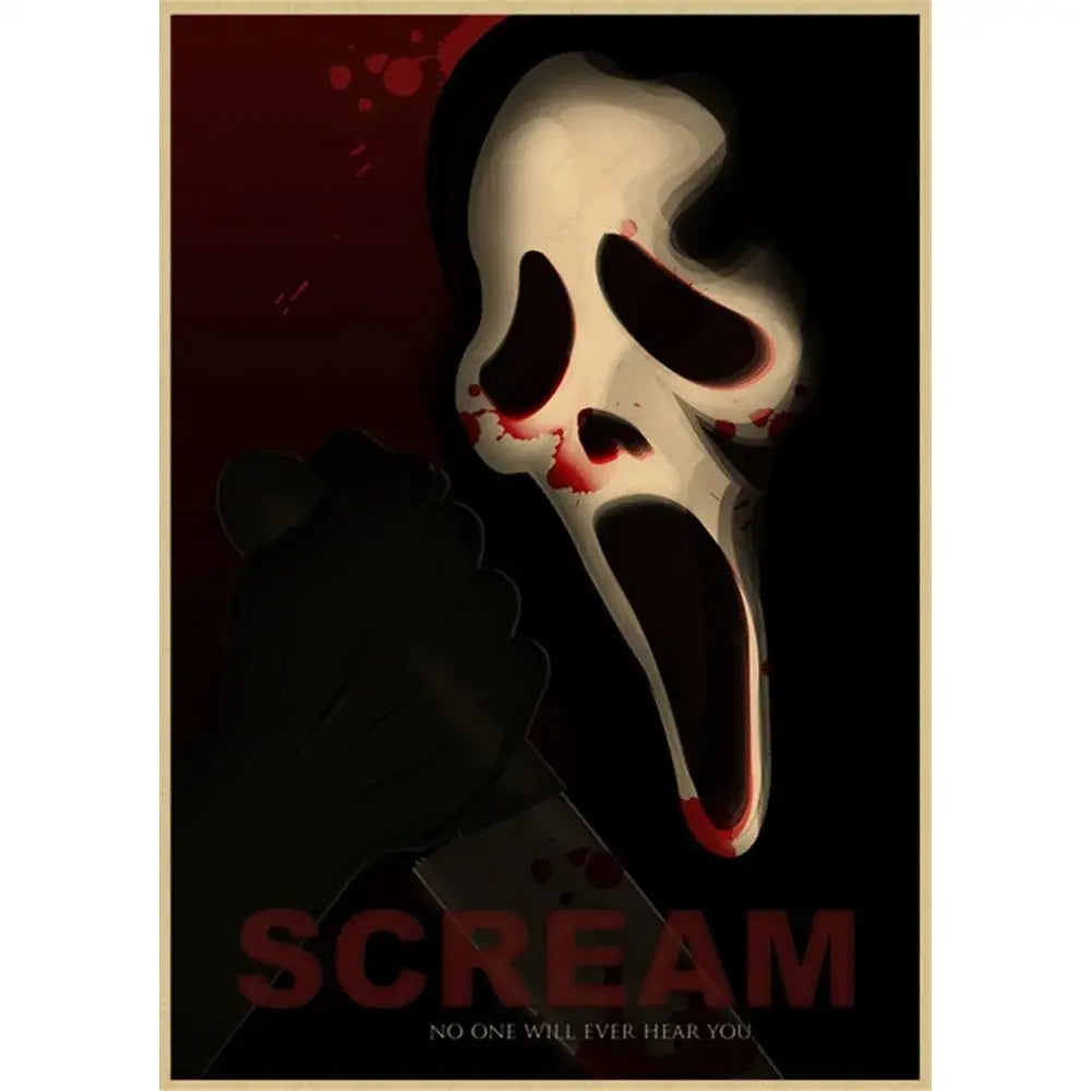 White plastic mask wall art with black eye and mouth holes splattered with red paint for horror movie retro poster decor