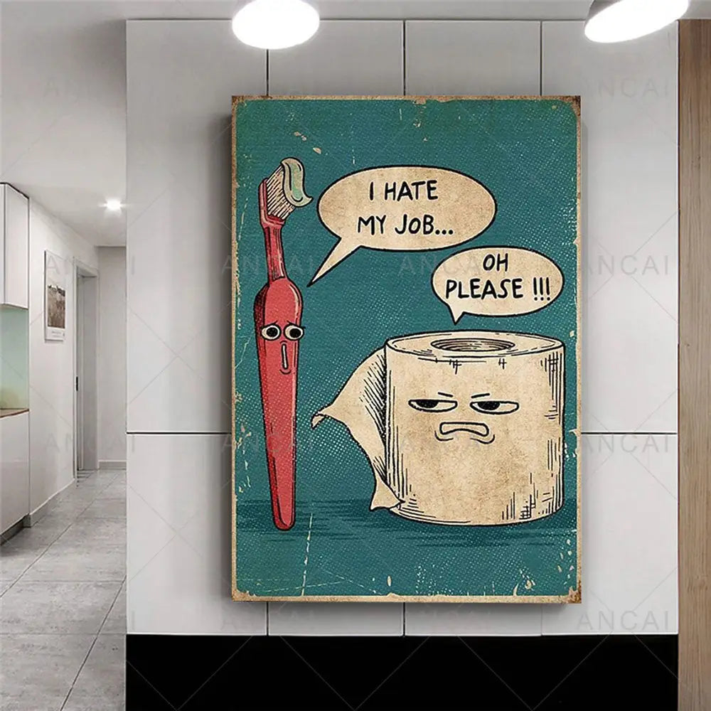 DecorBites™ humorous bathroom poster print of a vintage-style canvas painting with a red toothbrush and beige toilet paper