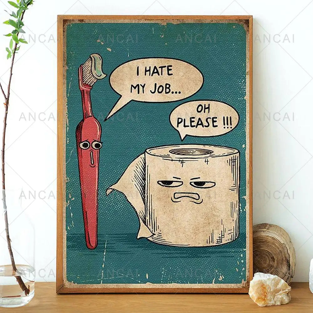 Vintage-style framed humorous bathroom poster print with cartoon toothbrush and toilet paper on teal background