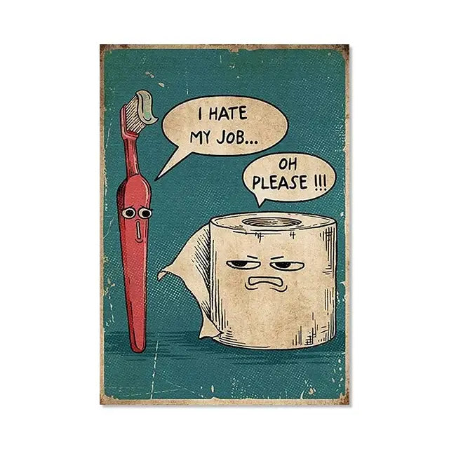 Vintage-style humorous bathroom poster print featuring a red toothbrush and beige toilet paper with cartoon faces