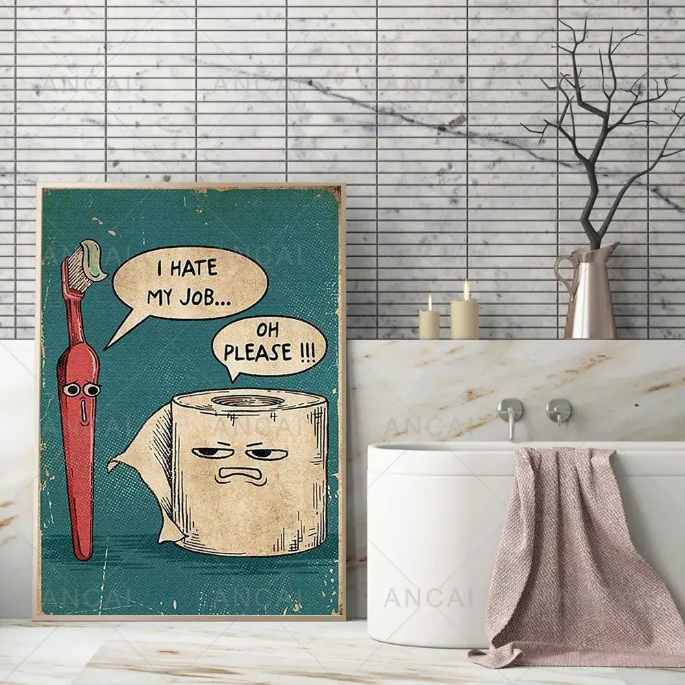 Vintage-style humorous bathroom poster print featuring a red toothbrush and beige toilet paper roll on teal background