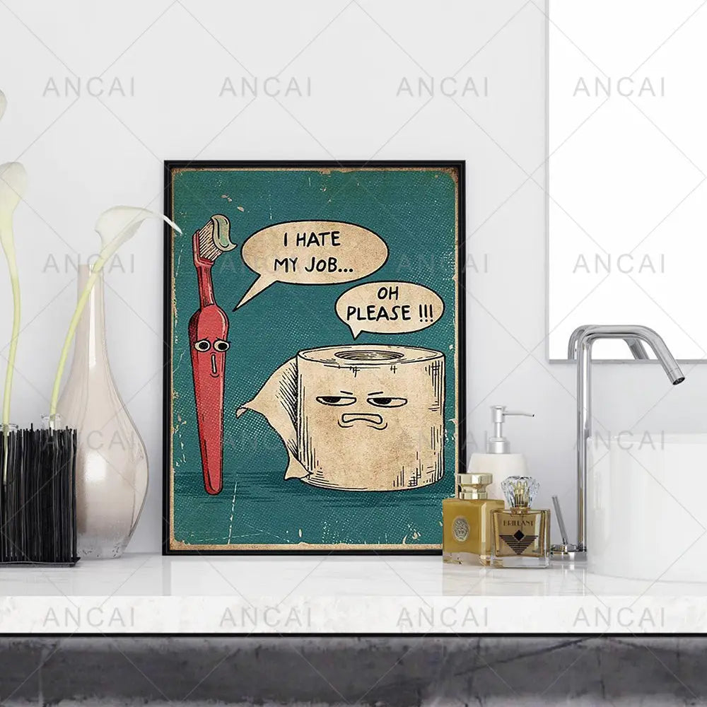 Vintage-style framed humorous bathroom poster print with cartoon toothbrush and toilet paper on teal background by DecorBites