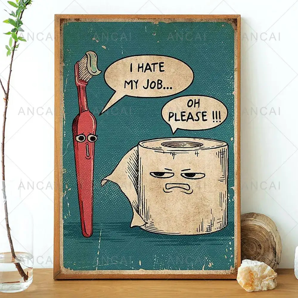 Vintage-style framed humorous bathroom poster print featuring a cartoon toothbrush and toilet paper with speech bubbles
