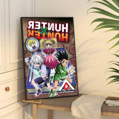 A framed DecorBites™ hunter x hunter classic vintage poster with vibrant characters and bold red and white lettering