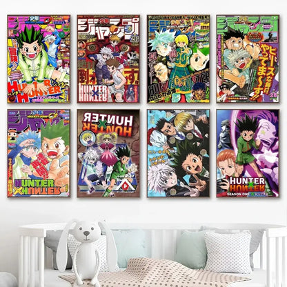 Set of eight vibrant colorful hunter x hunter classic vintage posters framed as wall art for decorbites™ collection