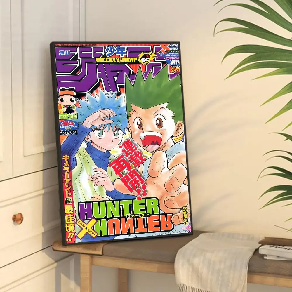 Vibrant framed hunter x hunter classic vintage posters with bold purple and green artwork featuring two animated characters