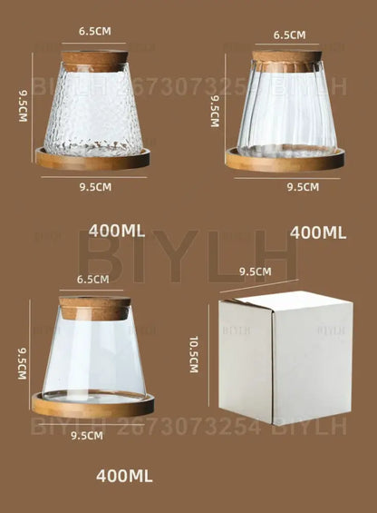 Clear glass coffee dripper with textured surface cork lid and wooden base in decorbites hydroponic glass flower pots set