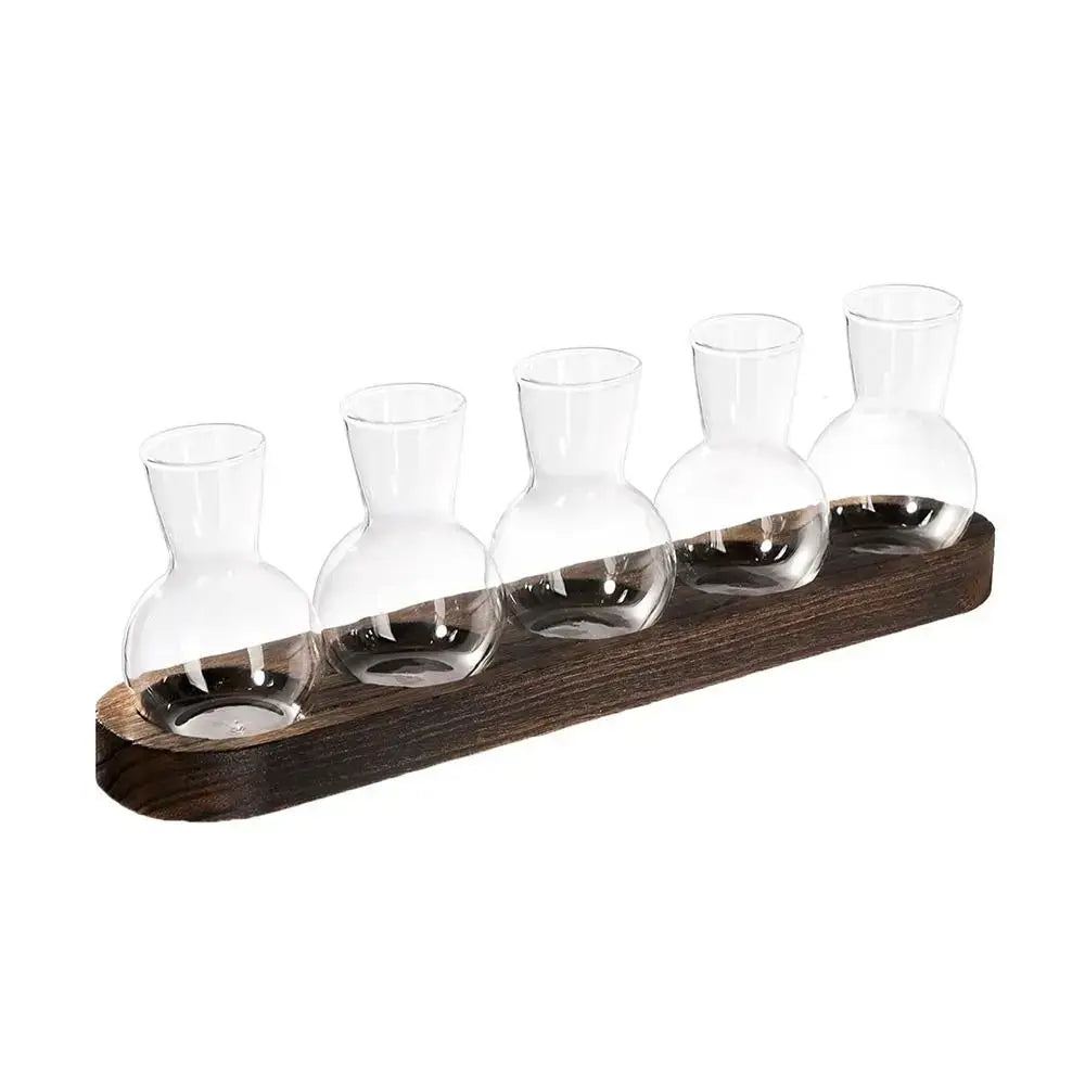 Set of five clear glass vase carafes with narrow necks on dark brown wooden tray by DecorBites hydroponics glass design