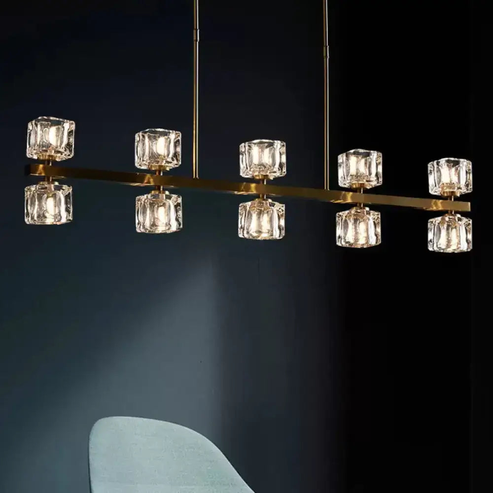 DecorBites ice cube crystal pendant light with gold-toned bar and faceted crystal cubes for dining room bulb base