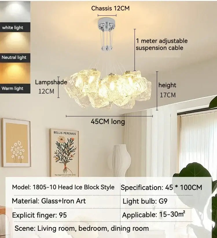 A modern decorbites iced crystal 17cm chandelier with glass and iron art design and warm white ice block lampshades