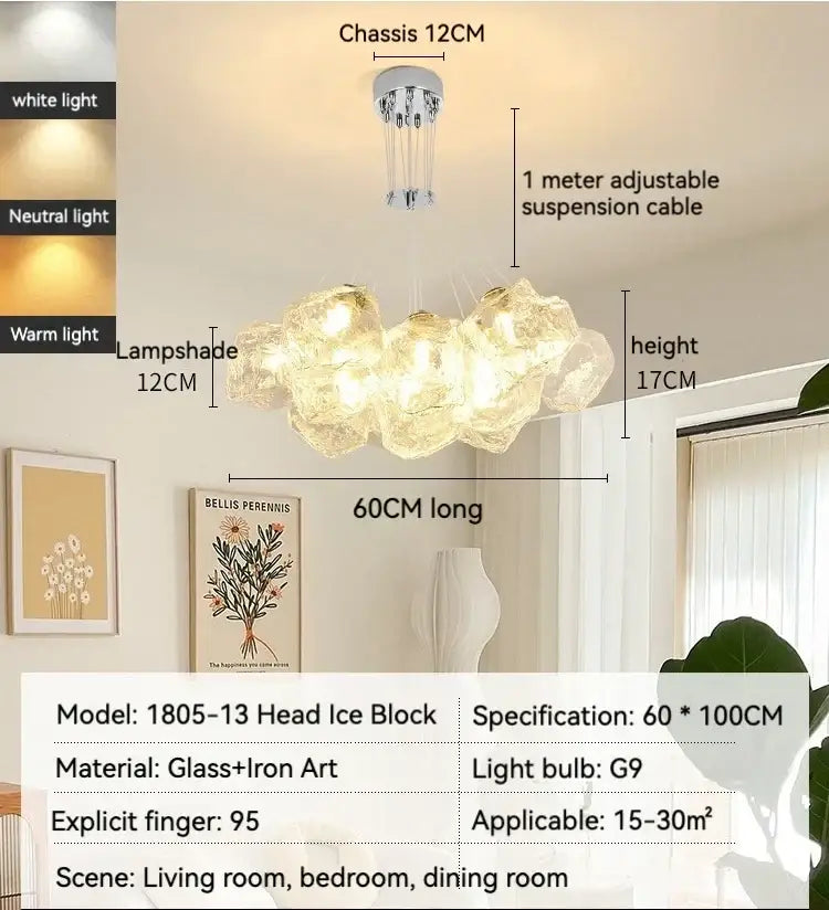 A modern decorbites iced crystal chandelier with translucent ice-like glass lampshades and adjustable iron art base