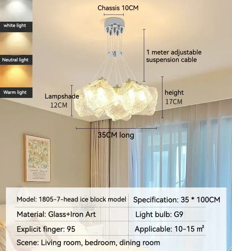A modern decorbites iced crystal 1805-7-head ice block chandelier with frosted glass and iron art chassis for living rooms