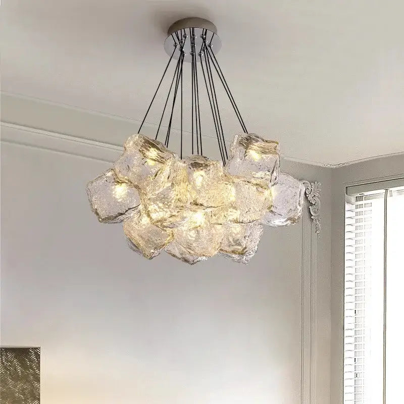 Clear irregularly shaped glass decorbites iced crystal chandelier with metallic ceiling mount for modern living rooms