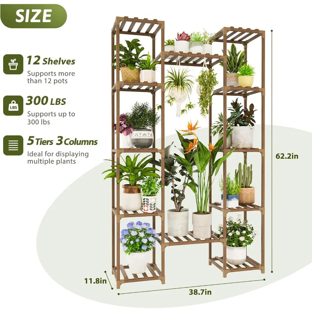 Brown wooden indoor plant grow lights stand with 12 shelves five tiers three columns for indoor plants