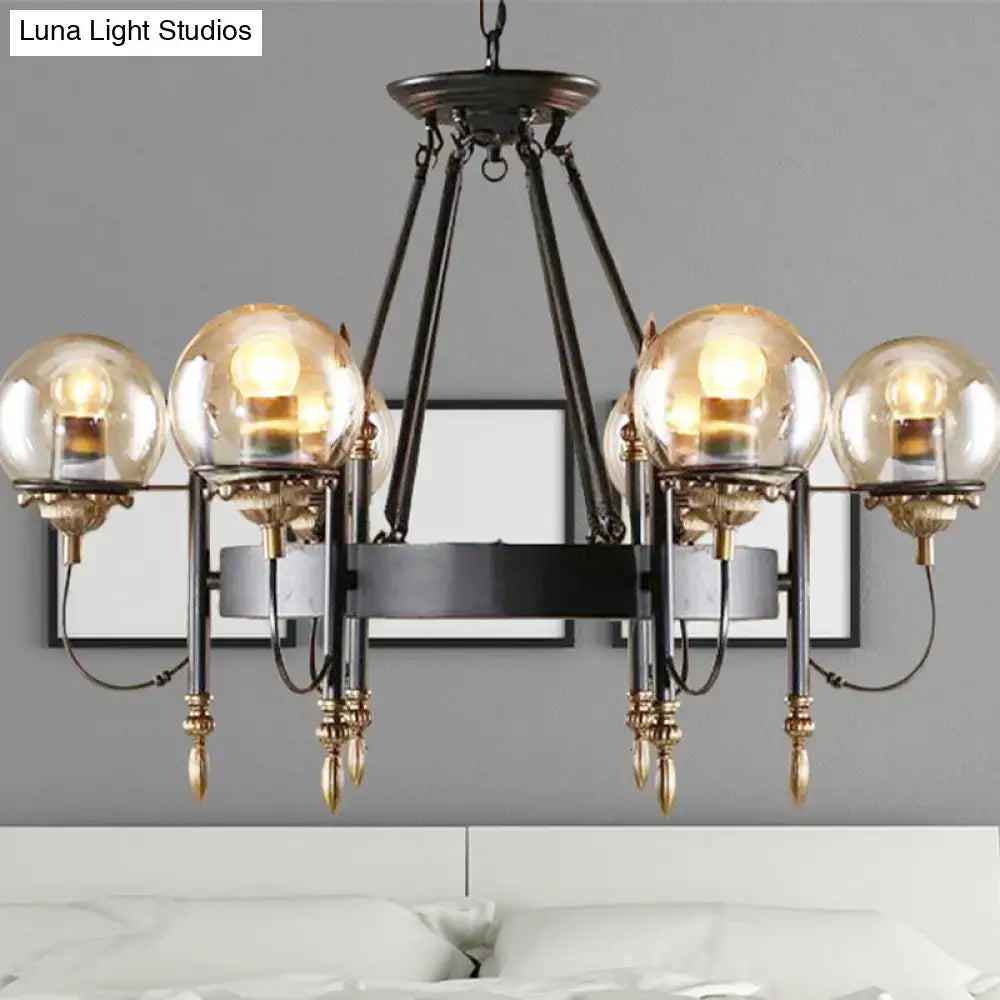 DecorBites industrial 6-light clear glass globe chandelier with amber bulbs black metal frame gold accents for living room