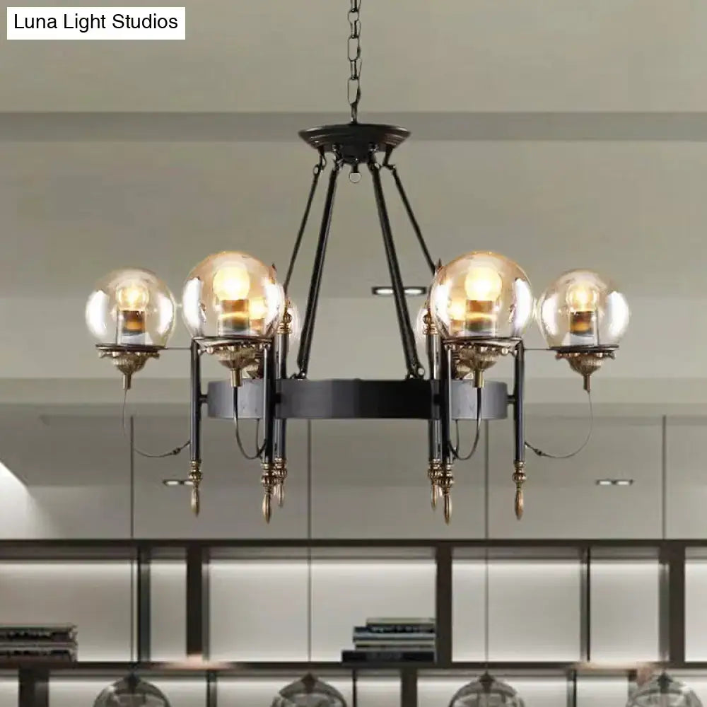 Decorbites™ industrial 6-light pendant chandelier with clear glass globe bulbs black metal frame and brass accents for living room