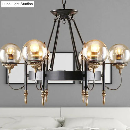 Decorbites industrial 6-light chandelier with clear glass globe bulbs black metal frame brass accents for living room