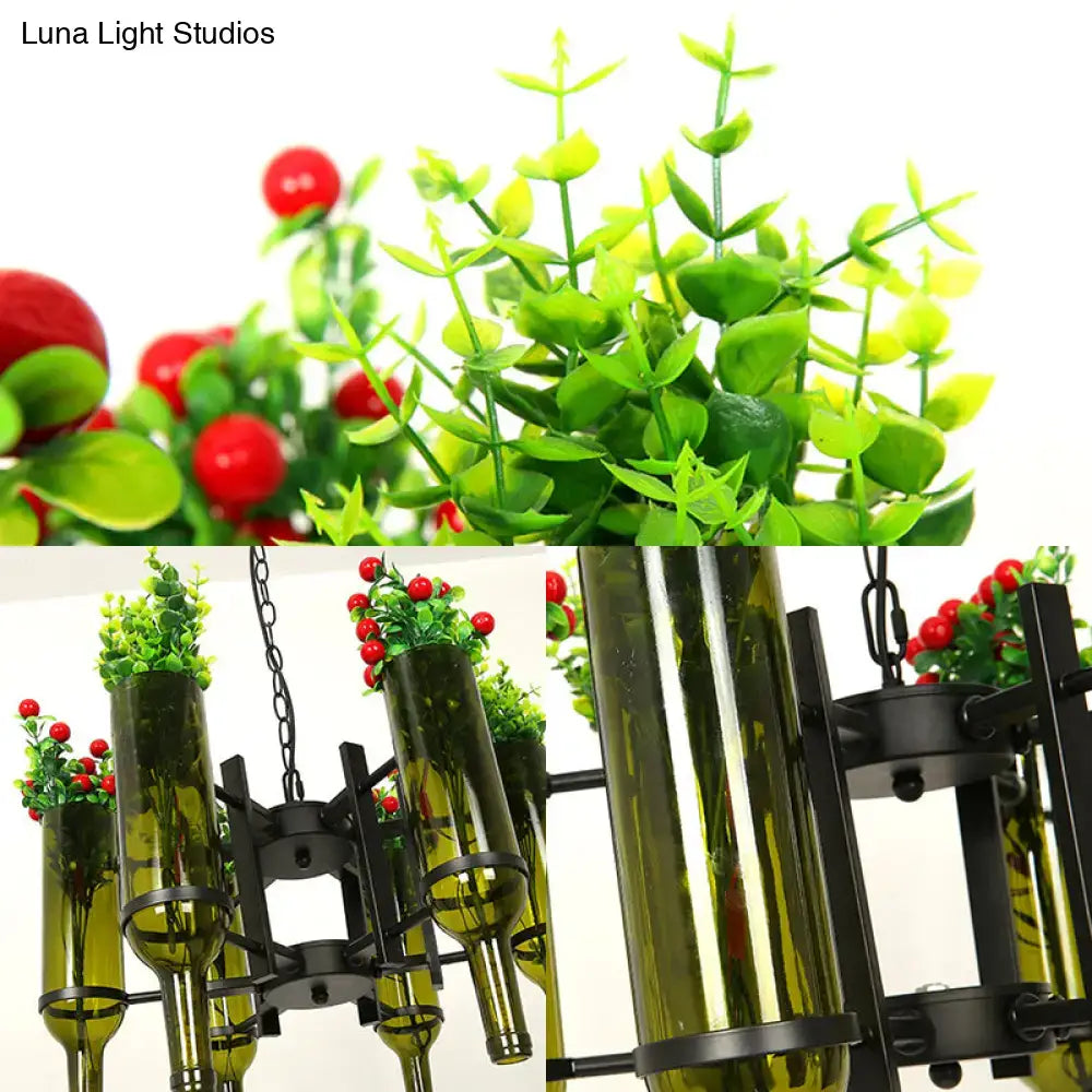 DecorBites™ industrial 6-light chandelier with green glass wine bottles, light bulbs, and artificial plant arrangement