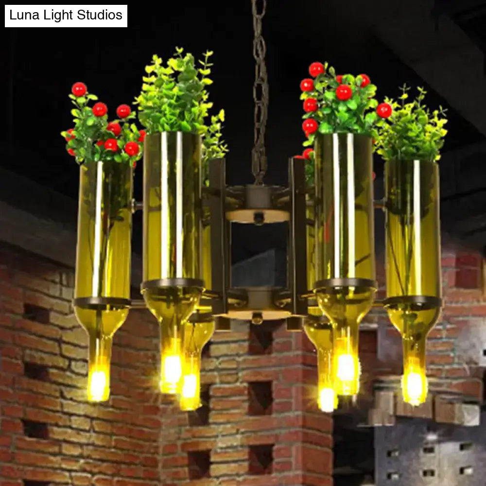Decorbites™ industrial 6-light dining room wine bottle chandelier with green glass vessels holding greenery and red berries