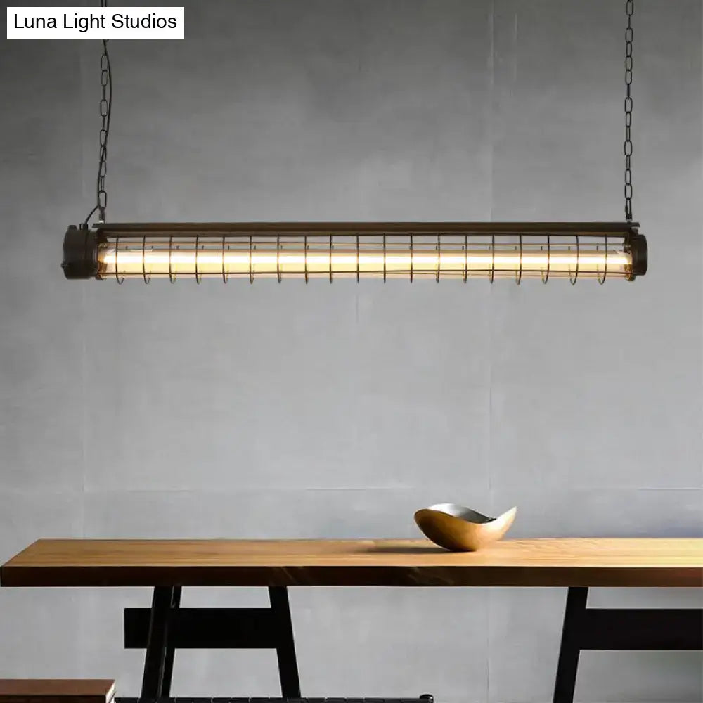 DecorBites industrial black cage island pendant with tubular metal housing and wire mesh grille for dining room lighting