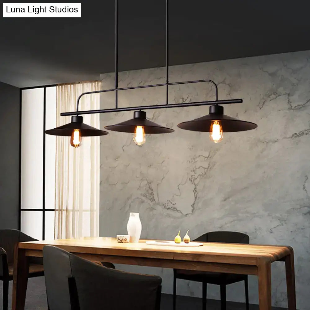 Decorbites™ industrial black finish flared hanging lamp with three exposed filament bulbs and wide flat shades ideal for restaurants