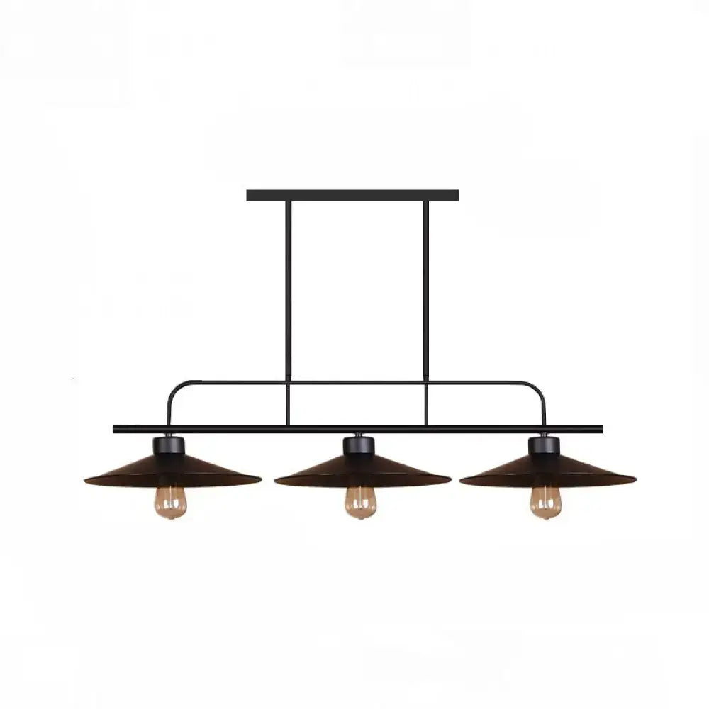 Decorbites™ industrial black finish flared hanging lamp with three exposed filament bulbs and metal shades for restaurants