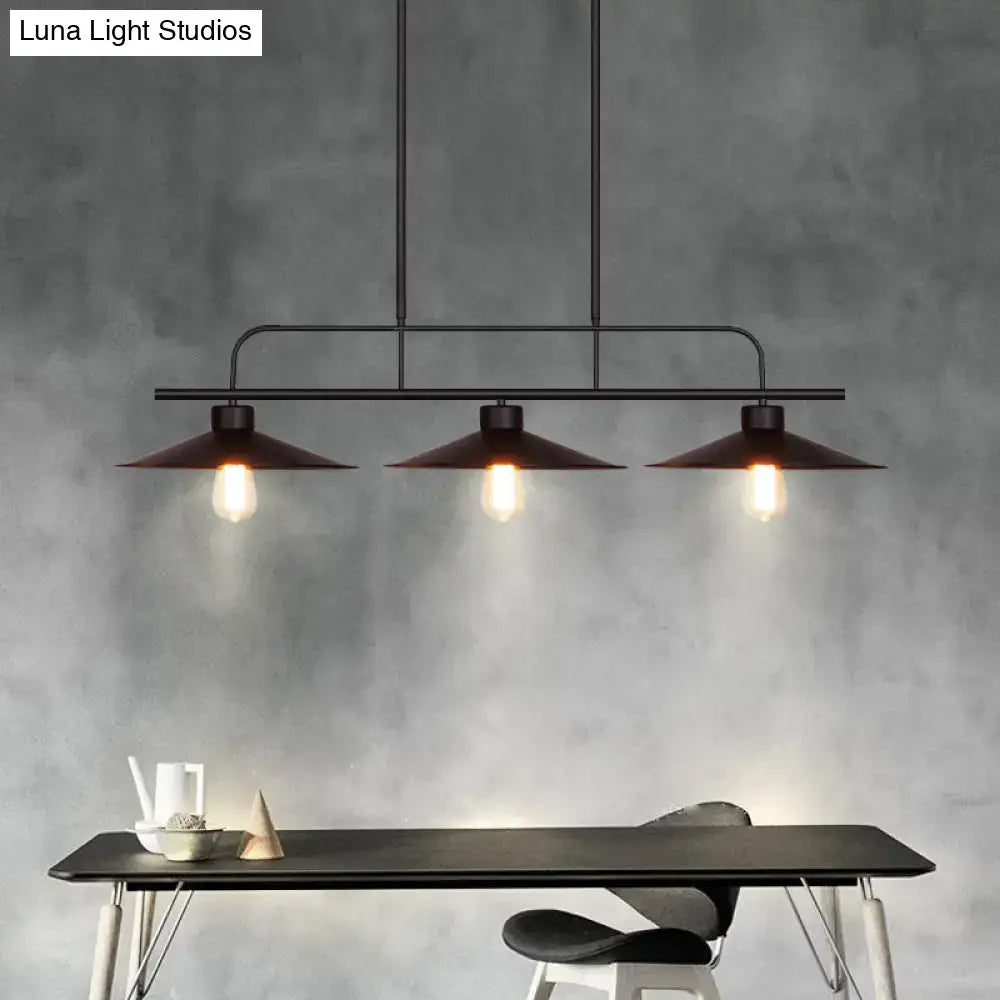 Decorbites™ industrial black finish flared hanging lamp with 3 exposed bulbs and matte metal shades perfect for restaurants