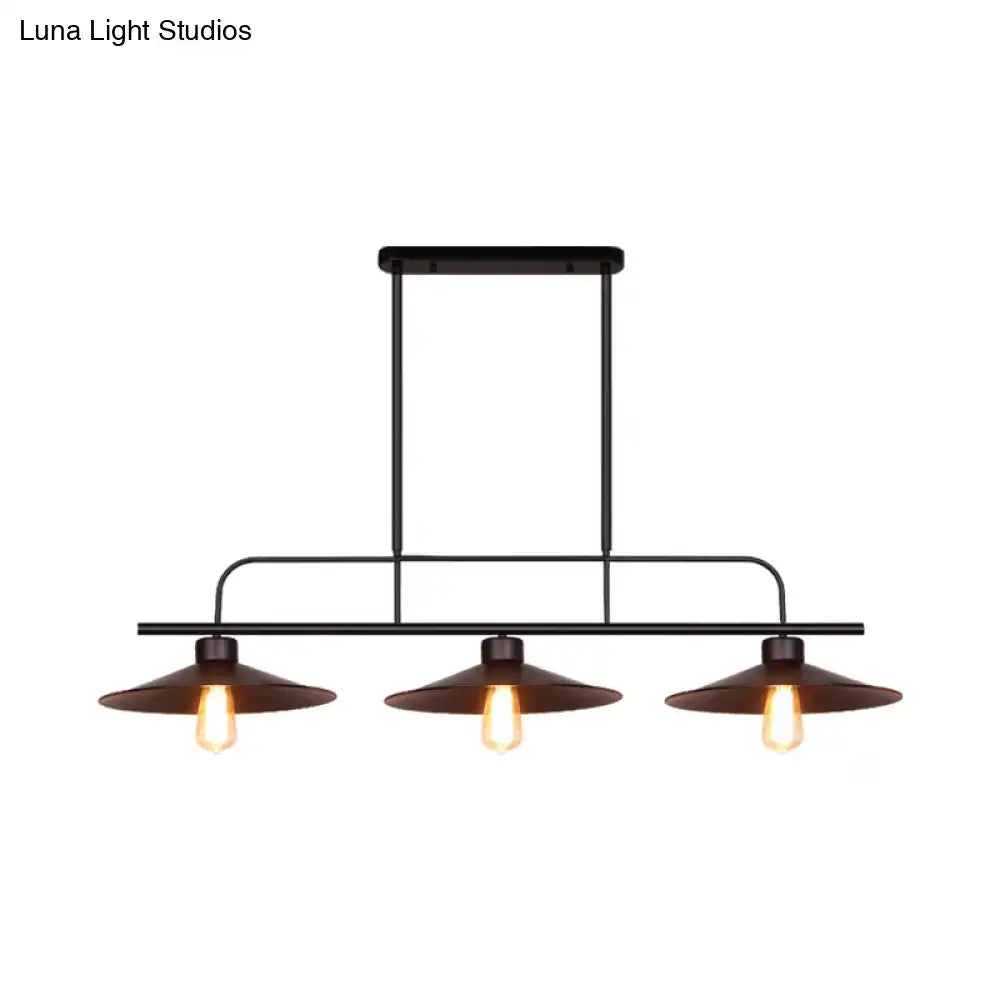 Industrial black finish metal pendant light with three exposed edison bulbs and conical shades for restaurants
