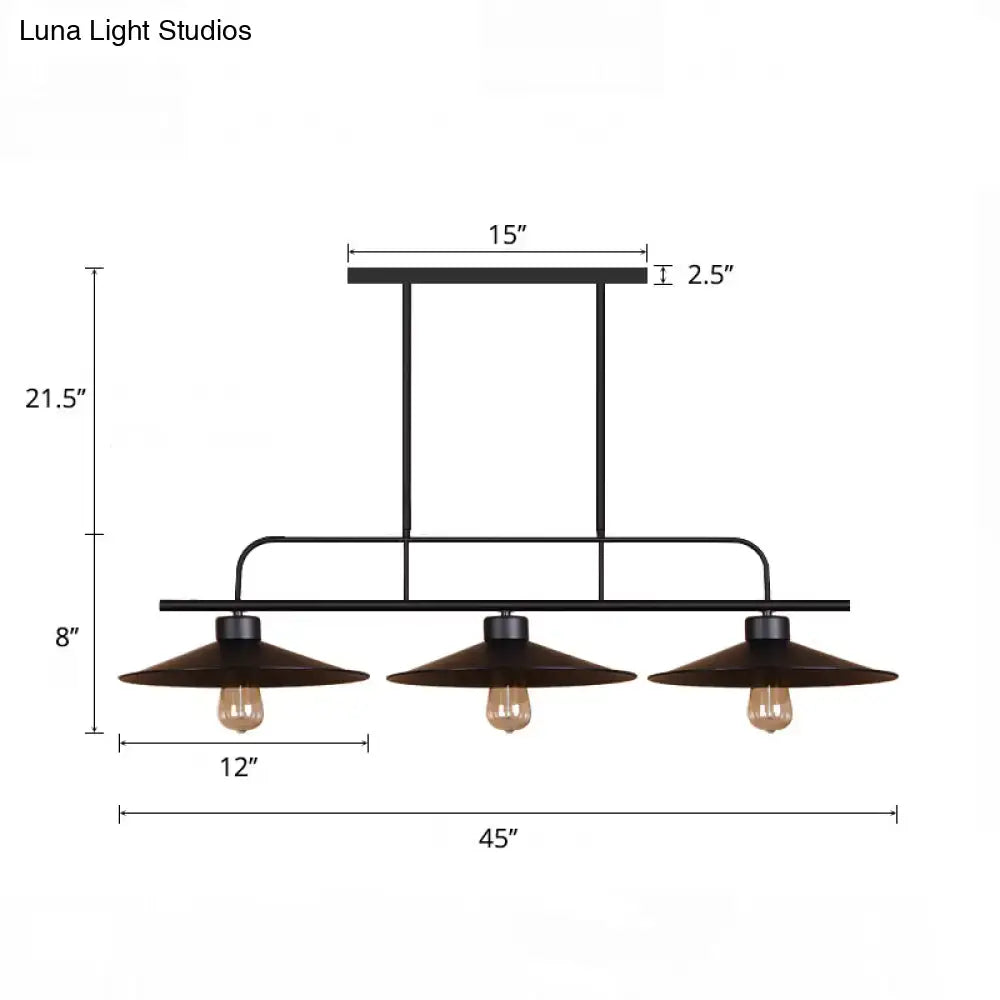 Decorbites™ industrial black finish three-light pendant fixture with matte metal shades and exposed edison bulbs for restaurants